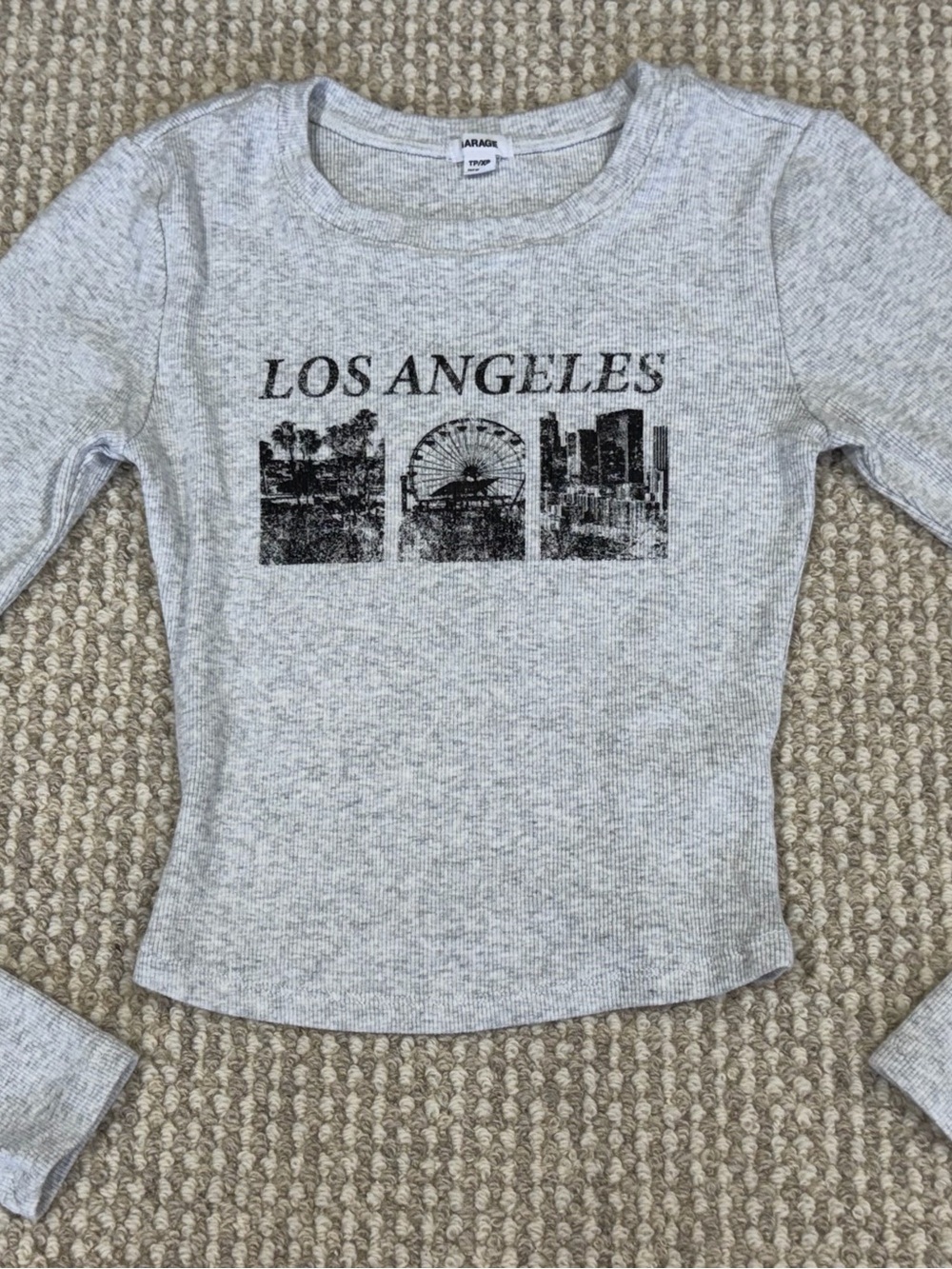 Garage Los Angeles Graphic Print Cropped Ribbed Knit Long Sleeve Top Gray XS NEW